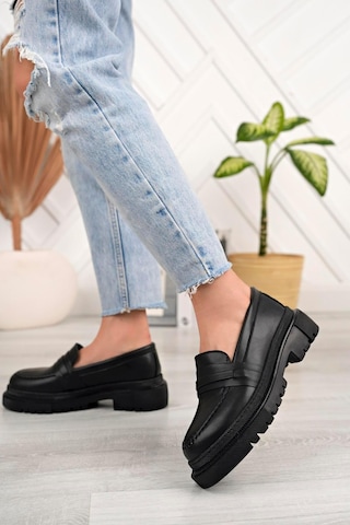 Aymood Kadın Loafer Yuvarlak Burun Maskülen Bağcıksız Yüksek Dolgu Taban Oxford Ayakkabı E Siyah Cilt Siyah