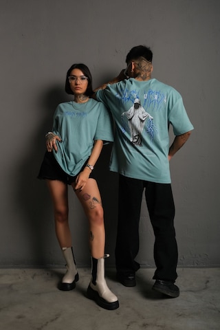Noıssey Kod:ızeı - Unisex Oversize Rıtual Mavi Yıldırım Baskılı Pamuklu T-shirt P--1008 Yeşil