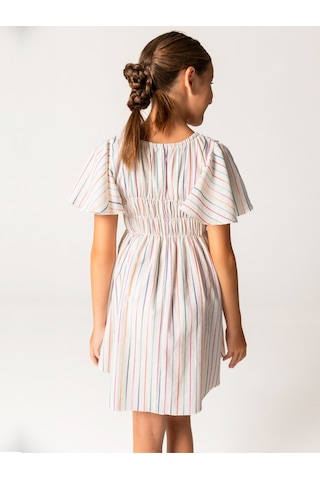 Sheshe Yarım Kollu Çizgili Pamuklu Kız Çocuk Elbise Renkli