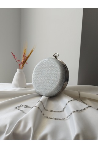 Vivazzaluxe Modern Yuvarlak Model Simli Düğün Nişan Gelin Kadın Abiye Clutch Çanta Gümüş