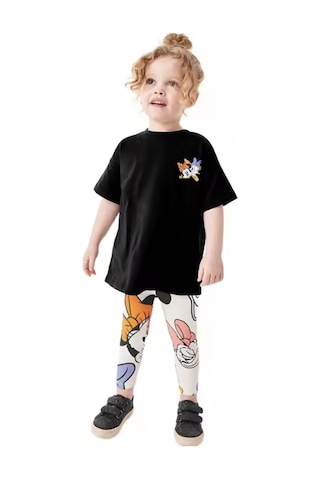 Lolliboomkids Kız Çocuk Karakter Baskı Desenli Sırt Detay T-shirt Tayt Alt Üst Takım Siyah Beyaz Siyah - Beyaz