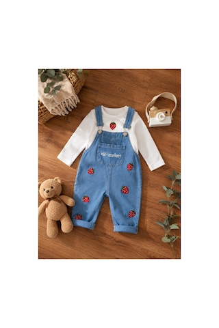 Baby Buu Çilek Nakışlı Denim Kotlu Mevsimlik 2'li Kız Bebek Salopet Tulum Takımı 6-9ay, 9-12ay, 12-18ay, 18-24ay Beyaz Beyaz