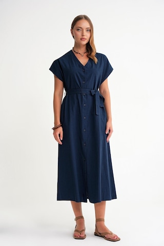 4721 Kadın V Yaka Düğme Detaylı Keten Elbise Lacivert Lacivert