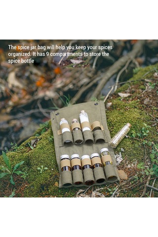 Mufunye Orman Kampı Baharat Seti: Cam Şişelerle Bezenmiş Kumaş Çantası, Ağaçta Sabitlenebilir, Asker Yeşili Yeşil