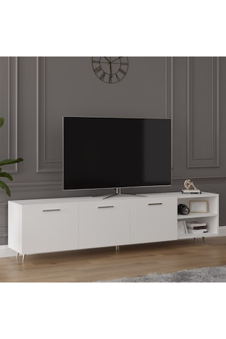 Asra Trend Tv Ünitesi T-18 %100 MDF 200 cm Büyük Boy Tv Sehpası Dolaplı Raflı Beyaz