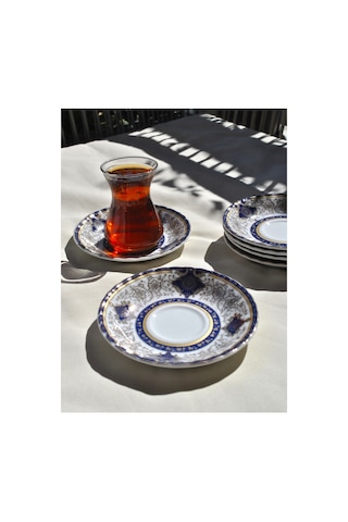 6'lı Porselen Çay Tabağı Altın İşlemeli Gold 12 Cm Çay Tabak Seti - Parya Lacivert