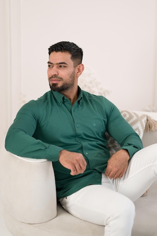 Paul Martin Slimfit Likralı Yaka Düğmeli Pamuklu Yazlık Uzun Kol Erkek Gömlek Zümrüt Yeşili