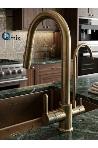Spiralli Arıtmalı Lüx Mutfak Eviye Bataryası Modern Mat Gold Renk Pirinç Gövde Musluk Mat Altın