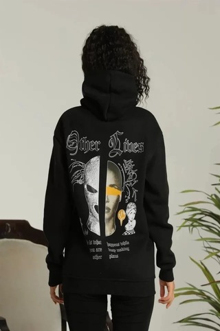 Etiler Collection Sırt Baskılı Oversize Üç İplik Kapüşonlu Sweatshirt - Siyah