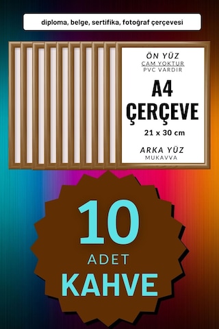 Kahverengi-10 Adet A4 Çerçeve Diploma Belge Sertifika Fotoğraf Resim Çerçevesi Pvc 10lu Kahverengi