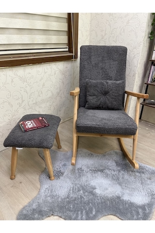 Trend Naturel Teddy Antrasit Ahşap Ayak Uzatma Pufu Makyaj Koltuğu Bench Tabure