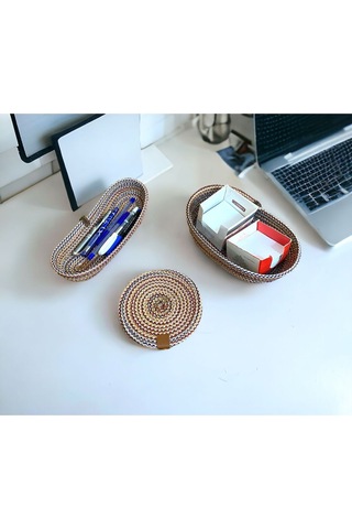 Hasır Sepet, 3'lü Jüt Sepet, %100 Doğal Hasır Sepet, Çok Amaçlı Dekoratif Hasır Sepet, Organizer 001