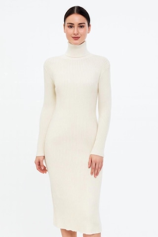 Kadın Boğazlı Triko Elbise Uzun Fitilli Esnek Dokuma, Tam Kalıp, Kışlık & Baharlık Şık Rahat Stil, Beyaz