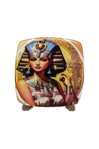 Kleopatra Figürlü Cam Masaüstü Dekoratif Tabak - Antik Mısır Temalı Süs - 22x22 Cm