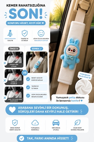 Labubu Mavi Emniyet Kemeri Aksesuarı - Emniyet Kemeri Kılıfı-araç Emniyet Kemeri Omuz Koruyucu 1 Adet