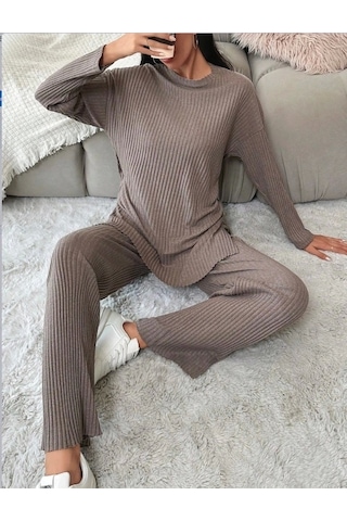 Defymoda Kadın Uzun Kollu Kaşkorseikili Takım Sütlü Kahve