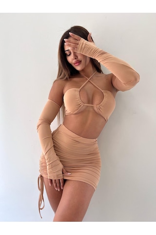 Pink Life Bej Askısız Yüksek Bel Mini Etekli Ikili Takım-Bej