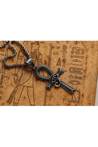 Antik Eskitme Çelik Siyah Zirkon Taş Detaylı Eye Of Horus Kolye Gümüş