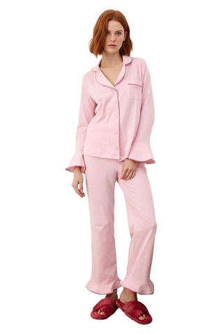 Ersefa Kadın Gömlek Yaka Biyeli Pijama Takımı Fonksiyonel Dayanıklı Kali Pembe