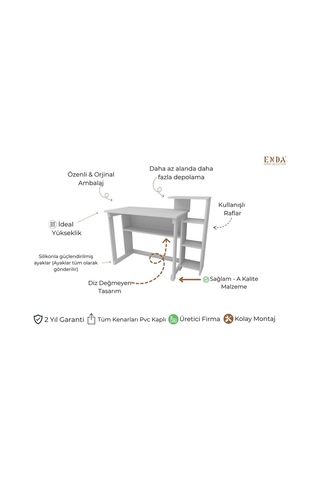 Enda Home Saye 5 Raflı Kitaplıklı Çalışma Masası Beyaz
