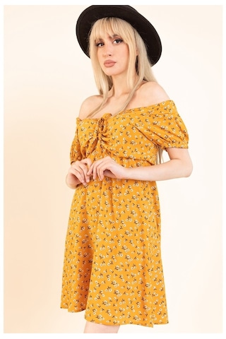 Aqe Fashion Kadın Hardal Önü Büzgülü Beli Lastikli Elbise Hardal