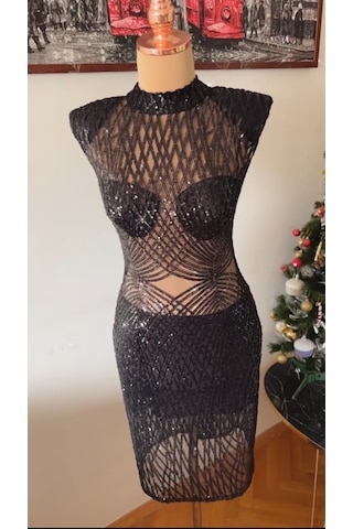 Chica Rosa Fashion Siyah Pullu Vatkalı Chica Elbise Siyah
