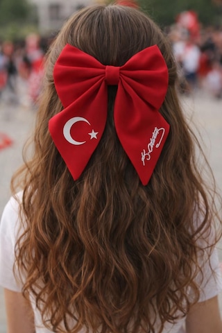 Kırmızı Kurdele Saç Tokası Türk Bayraklı Atatürk İmzalı Çocuk Saç Tokası Çok Renkli