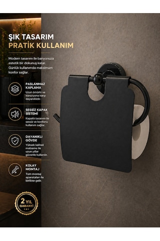 Siyah Lüx Premium Yapışkanlı Kapaklı Tuvalet Kağıtlığı Mat Siyah Kolay Montaj