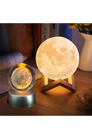 3d Ay Mom Sarı Renk Gece Lambası Ve Dolunay Ay Gezegen Işıklı Cam Küre