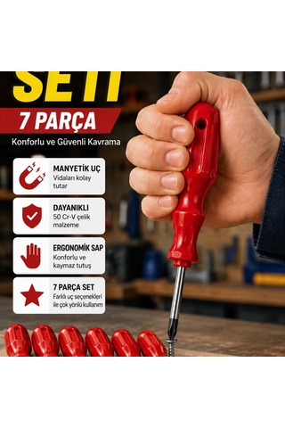 7 Parça 50 Cr-v Manyetik Uçlu Tornavida Seti Ergonomik Saplı