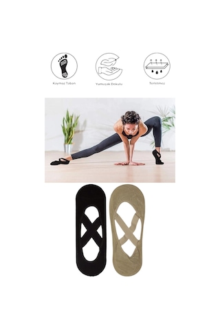 2 Adet Kadın Kaydırmaz Tabanlı Yoga Pilates Fitness Dans Ve Spor Çorabı Siyah - Bej