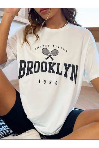 Beyaz Oversize Brooklyn Rocet Baskılı Tshırt Beyaz
