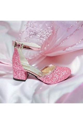 Nese Shoes Kız Çocuk Işıltılı Topuklu Ayakkabı, Kız Çocuk Abiye Ayakkabı Pembe