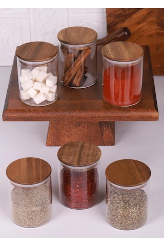 Akasya Kapaklı Borosilikat Cam Baharatlık Saklama Kavanozu 200 Ml 6'lı Ahşap - Şeffaf