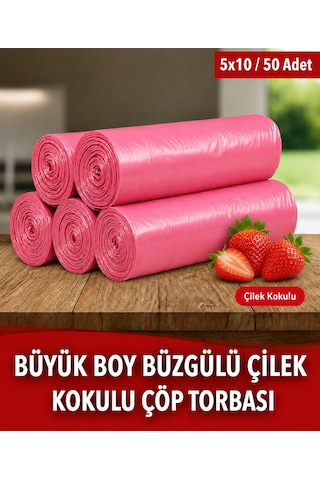 50 Adet Çilek Kokulu Büyük Boy Büzgülü Çöp Torbası 65x70 5x10