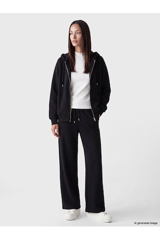 Lcw Everyday Siyah Kapüşonlu Oversize Kadın Fermuarlı Sweatshirt