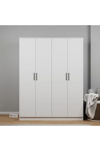 Kardelen Serisi 140 Cm Mat Beyaz 4 Kapılı 5 Raflı Elbise Dolabı Beyaz