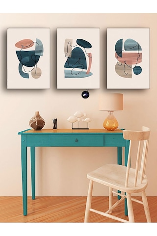 Pster97 Geometrik Soyut Kadın Yüzleri Üçlü Kanvas Tablo Seti, Premium 3'lü Canvas, 3 Parçalı Duvar Tablosu 50