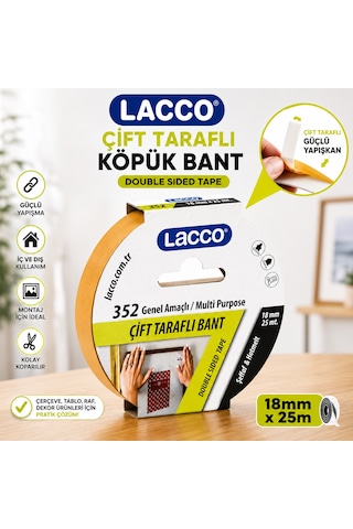 Lacco Çift Taraflı Köpük Bant 18 Mm X 25 M Güçlü Yapışkanlı Montaj Bandı Çok Amaçlı Beyaz 1 Adet