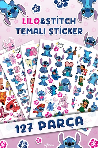 127 Adet Stitc Temalı Sticker Seti - Kalem Suluk Defter Cam Masa Laptop Tablet Sticker Suya Dayanıklı Çok Renkli