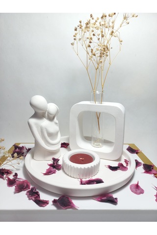Kare Formlu Cam Tüplü Sarılan Sevgili Dekoratif Mumluk Set Beyaz Beyaz