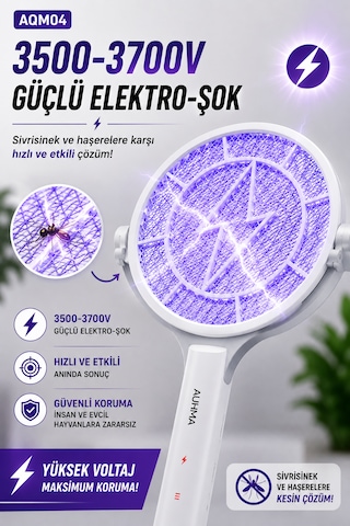 Aqm04 Şarjlı Elektrikli Auhma Sinek Öldürücü Raket 3500-3700v , Standlı Masaüstü Kullanım, Led Işıklı, 1200mah