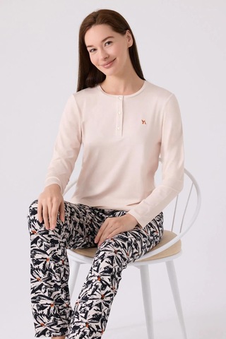 Arnetta 3113 Büyük Beden Kadın Desenli Düğmeli Uzun Kollu Pijama Takımı Taş