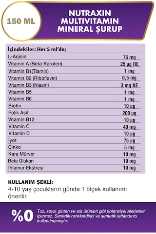 Multivitamin & Mineral Şurup 150 Ml - L-Arginin, Çinko, A,C,D,B Kompleks, Beta Glukan, Karamürver