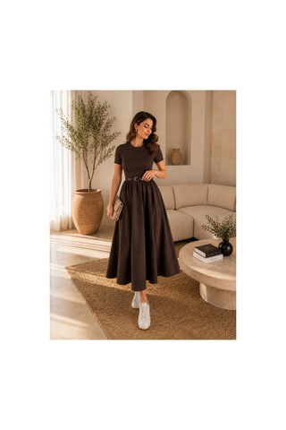 Unika Boutique Kadın Kemerli Poplin Midi Elbise Kahverengi