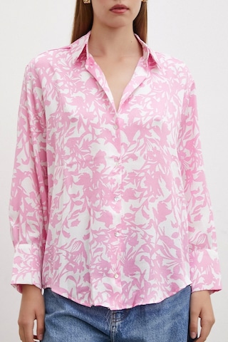 Never More Desenli Gofret Saten Gömlek Pembe Pembe