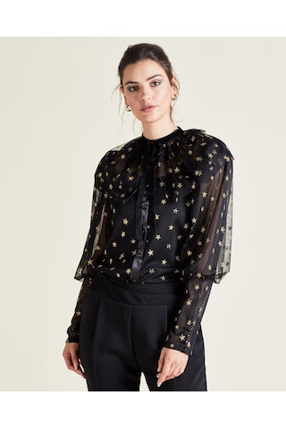 Yıldız Desenli Transparan Tül Gömlek Işıltılı Ve Romantik Tasarım Siyah