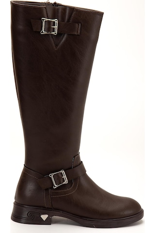 Kahverengi Kadın Çizme Düz Topuklu Bilek Kemerli-4285 Kahverengi