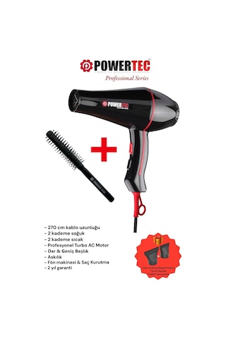 Powertec TR-601 Profesyonel Fön Makinesi + Berber Fön Fırçası