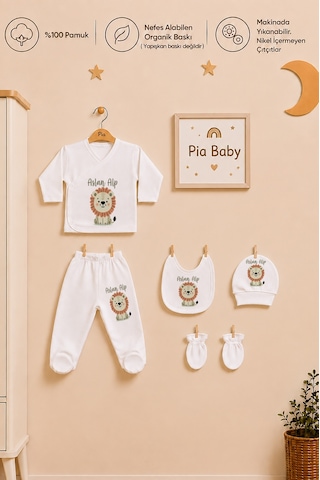 Pia Baby İsim Baskılı Erkek Bebek Hastane Çıkışı 5'li Zıbın Seti Penye Bebek Battaniyesi Ve Ham Bez Kıyafet Kesesi 1021bzk3x Krem